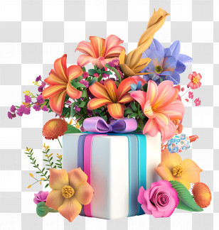 Birthday Gift - Decorative Gift Box With Colorful Flowers Transparent PNG