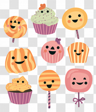 Halloween Candy - Cute Cartoon Cupcakes And Lollipops With Smiles Transparent PNG