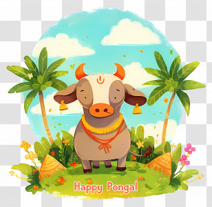 Happy Pongal - Cartoon Cow With Happy Pongal Message Transparent PNG