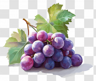 Grape Cluster - Illustration Of Purple Grapes With Green Leaves Transparent PNG
