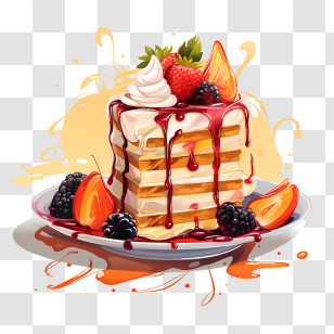 Dessert Day - Stack Of Dessert Pancakes With Berries And Syrup Transparent PNG