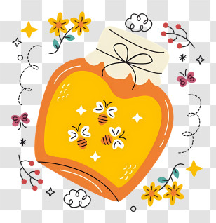 Honey - Cute Honey Jar With Bees And Flowers Transparent PNG