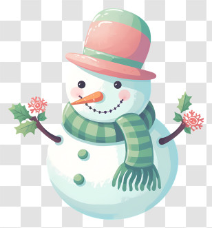 Snowman - Cartoon Snowman With Green Scarf And Hat Transparent PNG