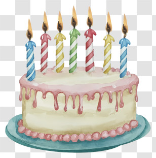 Watercolor Illustration - Birthday Cake With Dripping Icing And Lit Candles Transparent PNG
