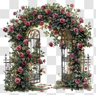 Spring Garden Gate Flowers - Beautiful Rose-Covered Arch Gate Transparent PNG