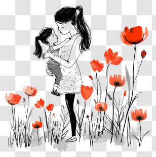 Mothers Day - Mother And Child In Flower Field Transparent PNG