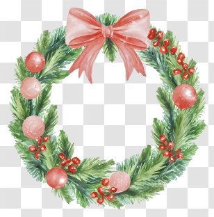 Cartoon - Christmas Wreath With Red Bow And Ornaments Transparent PNG