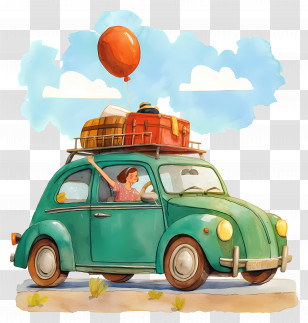 Green Car With Luggage - Green Car With Luggage And Balloon Transparent PNG