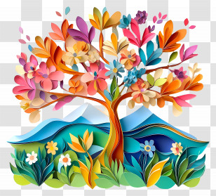 Cute Paper Art - Colorful Paper Tree And Flowers Transparent PNG