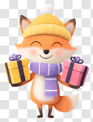Cartoon Fox Holding Christmas Gifts - Happy Fox Holding Gifts Transparent PNG