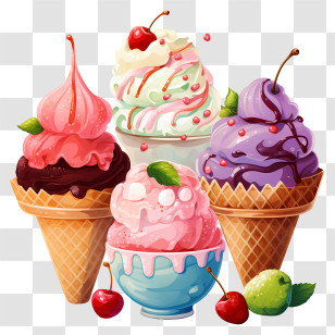 Watercolor Ice Cream Bowl - Colorful Ice Cream Cones With Fruit Toppings Transparent PNG