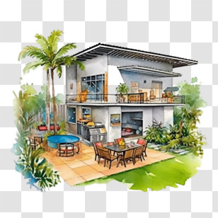 Barbecue - Modern House With Scenic Outdoor Patio Transparent PNG