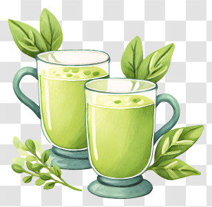 Matcha Green Tea - Green Drinks In Cups With Leaves Transparent PNG