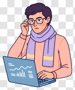 Man Working From Home - Cartoon Man With Laptop And Glasses Transparent PNG