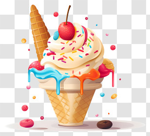 Cartoon Ice Cream - Colorful Ice Cream Cone With Cherry And Sprinkles Transparent PNG