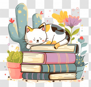 Cat Sleeping On Books - Adorable Sleeping Cat On Stack Of Books With Floral Decor Transparent PNG