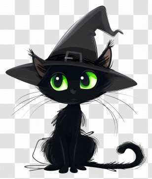Halloween Cat - Cute Black Cat With Witch Hat For Halloween Transparent PNG