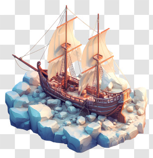 Ice Covered Shipwreck - Isometric Sailing Ship On Ice Diorama Transparent PNG
