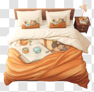 Black And White Cat Drawing - Cozy Bed With Book And Tea Design Transparent PNG