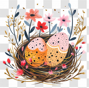 Easter Eggs - Decorative Eggs In A Nest With Flowers For Easter Transparent PNG