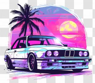 Vaporwave Car - Retro Car With A Sunset In Vaporwave Style Transparent PNG
