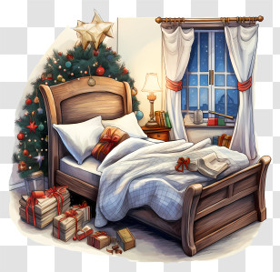 Sleeping - Cozy Christmas Bedroom With Gifts And Tree Transparent PNG