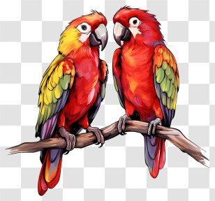 Parrots - Colorful Parrots On A Branch Transparent PNG