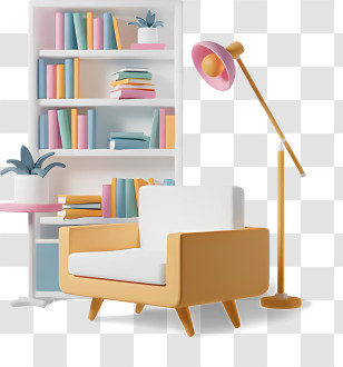 Floor Lamp - Cozy Modern Furniture With Bookshelf And Armchair Transparent PNG