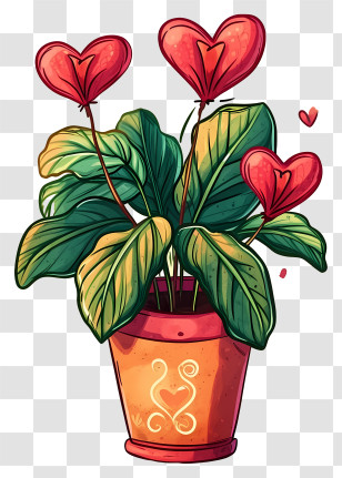 Cartoon Valentine Plant - Heart-Shaped Red Flower Plant In Pot Transparent PNG