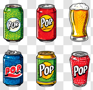 Pop Art Beer - Colorful Soda Cans Collection Transparent PNG