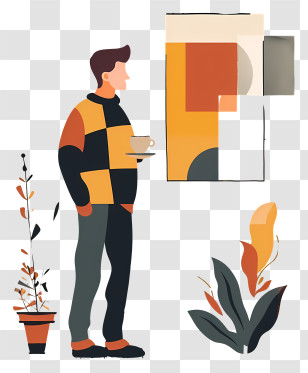 Man Standing With Coffee - Man Holding Coffee Cup In Modern Art Setting Transparent PNG