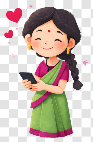 Woman Sending Love Message - Happy Woman In Green Sari With Phone Transparent PNG