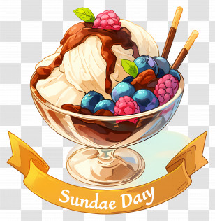 National Sundae Day - Ice Cream Sundae With Berries And Chocolate Drizzle Transparent PNG