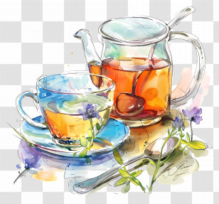 Tea - Watercolor Tea Set With Teapot And Teacup Transparent PNG