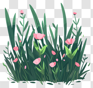 Grass - Pink Flowers In Green Grass Illustration Transparent PNG