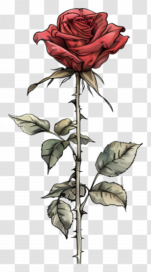 Long Stem Red Rose - Red Rose Botanical Illustration With Stem And Thorns Transparent PNG