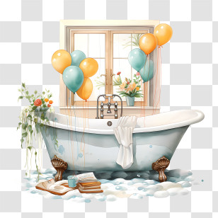 Bathtub Party Day - Bathtub With Balloons And Books Transparent PNG
