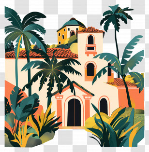 Hacienda - Tropical Villa With Palm Trees Illustration Transparent PNG