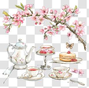 Spring - Cherry Blossom Tea Set Artwork Transparent PNG