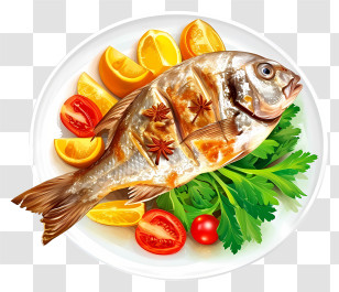Vector Draw Design - Grilled Fish Dish With Vegetables Transparent PNG