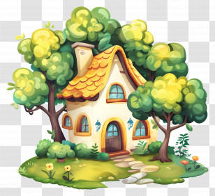 Cartoon House With Trees - Cartoon Cottage Surrounded By Trees Transparent PNG