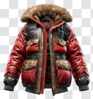 Winter Jacket - Red Puffy Winter Jacket With Fur-Lined Hood Transparent PNG