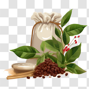 Coffee Beans Bag - Fresh Coffee Beans, Leaves, And Sack Illustration Transparent PNG