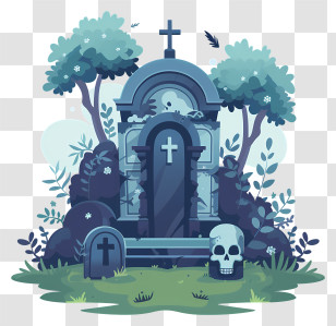 Tomb - Spooky Graveyard Illustration With Skull Transparent PNG