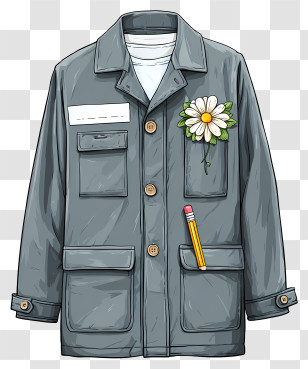 Gray Raincoat - Stylish Jacket With Flower And Pencil Transparent PNG