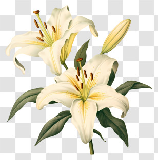 White Lily - Illustration Of White Lily Flowers With Leaves Transparent PNG