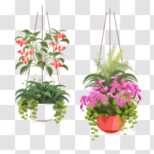 Hanging Plant With Pot - Hanging Plants With Colorful Flowers In Decorative Pots Transparent PNG