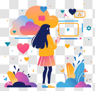 Getting Likes - Girl Using Phone With Social Media Icons Transparent PNG