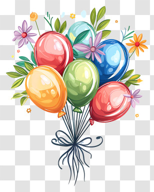 Birthday Party Balloons - Colorful Balloon Bouquet With Flowers Transparent PNG