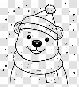 Christmas Coloring Page - Cartoon Bear With Winter Hat And Scarf Transparent PNG